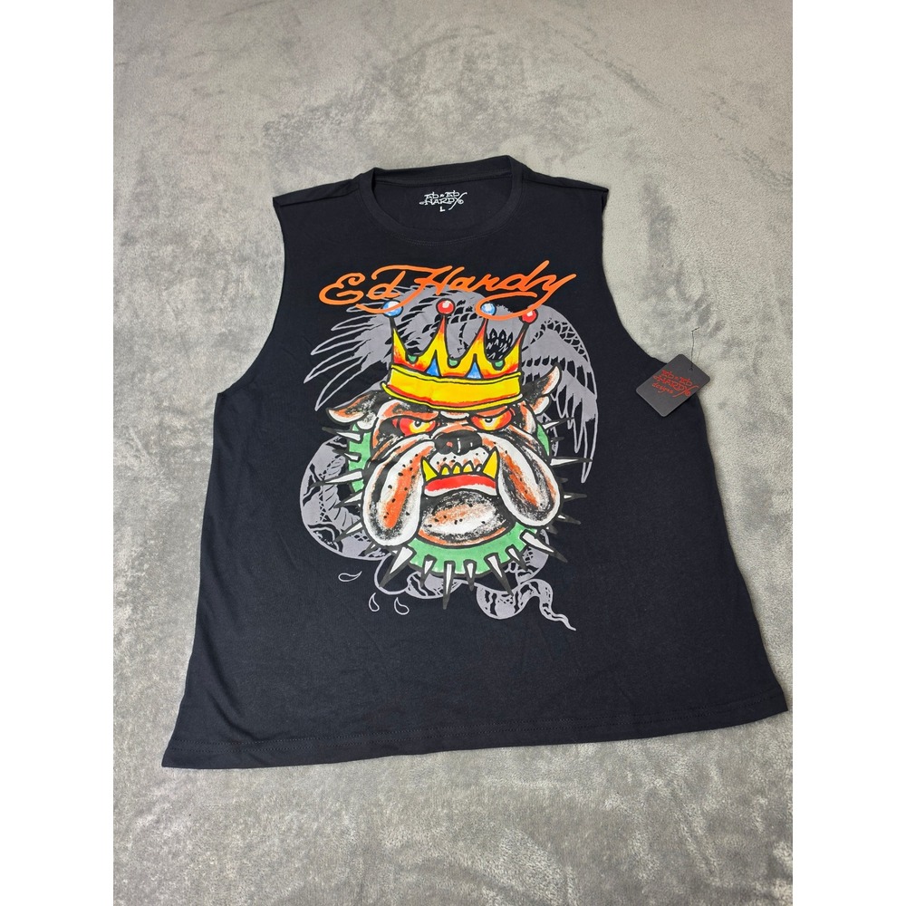 Ed Hardy Mens Bulldog Crown Graphic Muscle Tee Sleeveless Shirt Black Large NWT